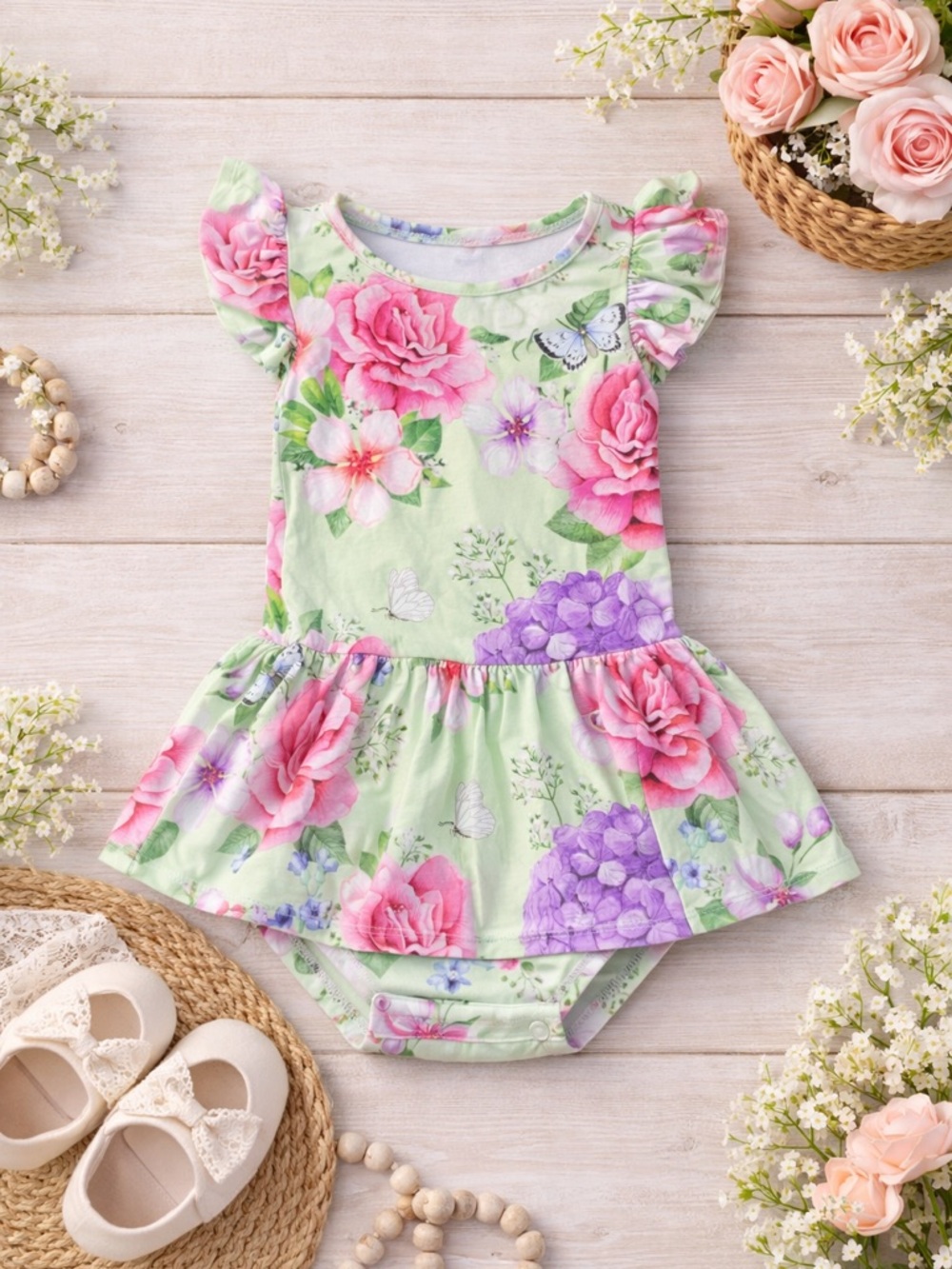 Dress Posh  peanut bamboo floral butterfly, pink green twirl dress size 2T